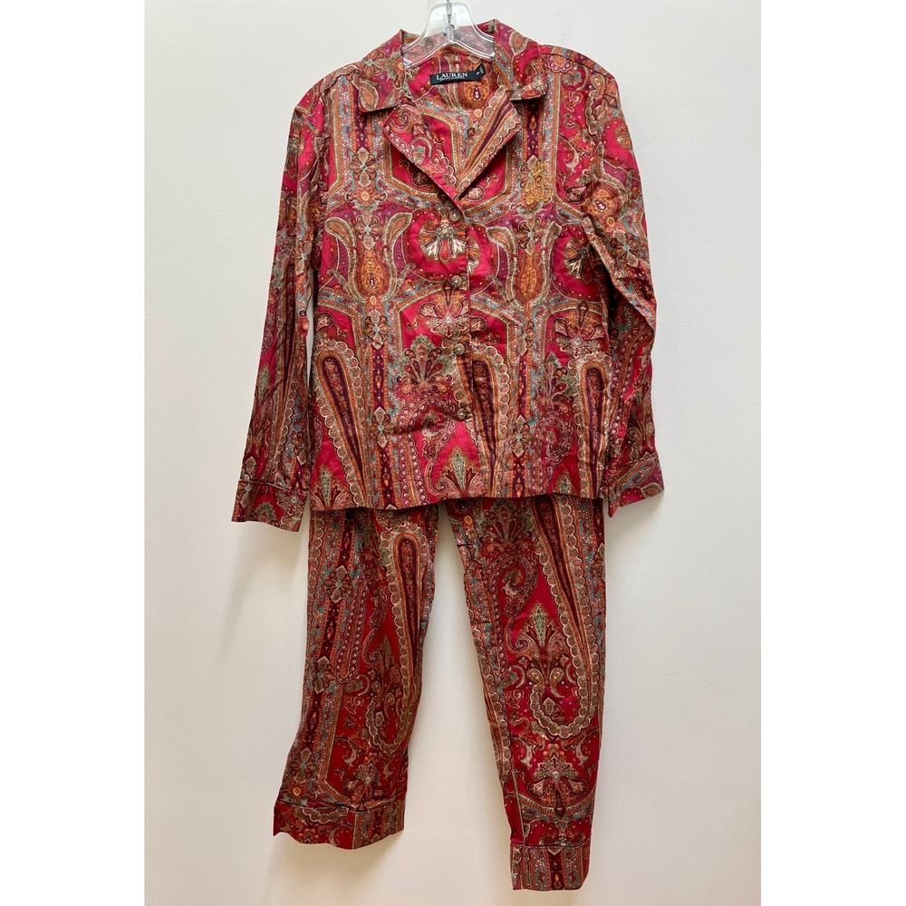 Lauren Ralph Lauren Pajama Set Womens PM Red Paisley 2PC Sateen Sleepwear Set